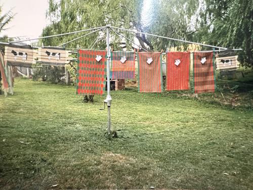 Ruth's Weavings Drying on Hills Hoist